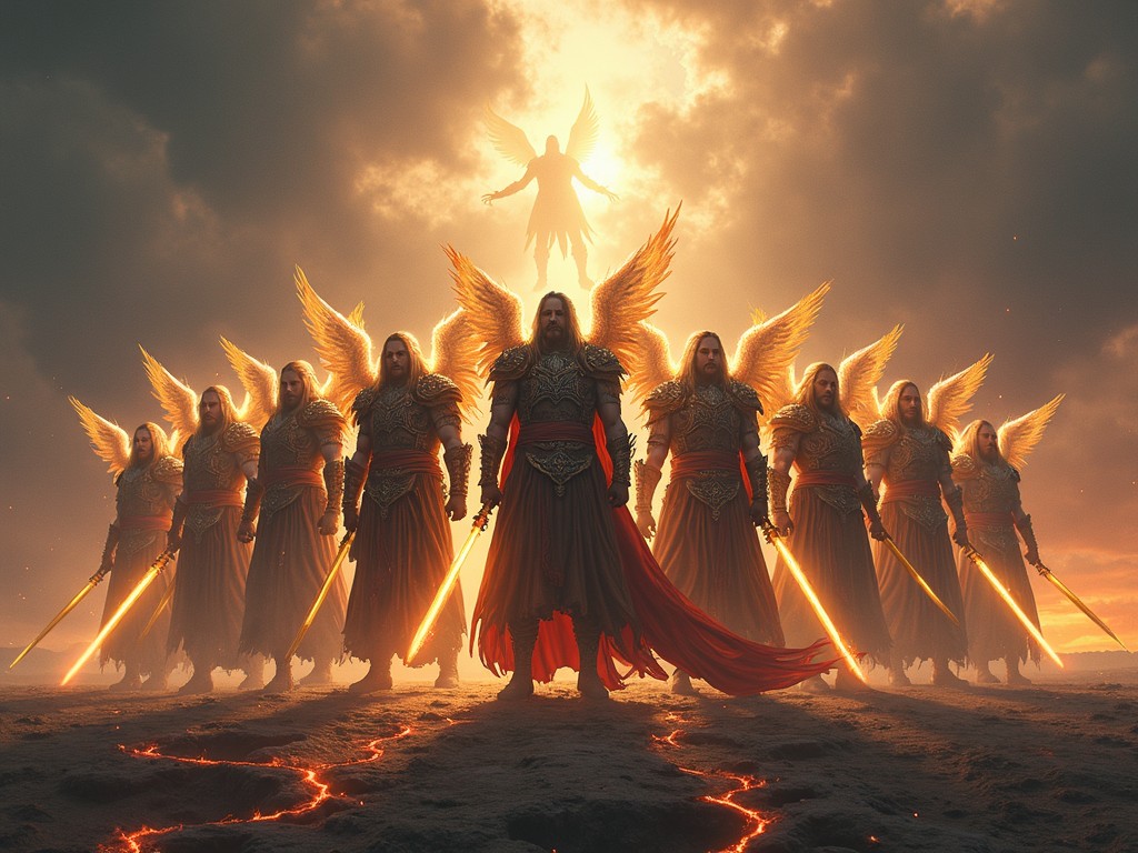 This striking image depicts a group of angelic warriors standing on an ominous, lava-streaked battlefield. Each figure is adorned in golden armor and bearing luminous swords, with majestic wings spread wide behind them. In the background, a radiant figure ascends towards the light, creating a powerful, ethereal atmosphere.