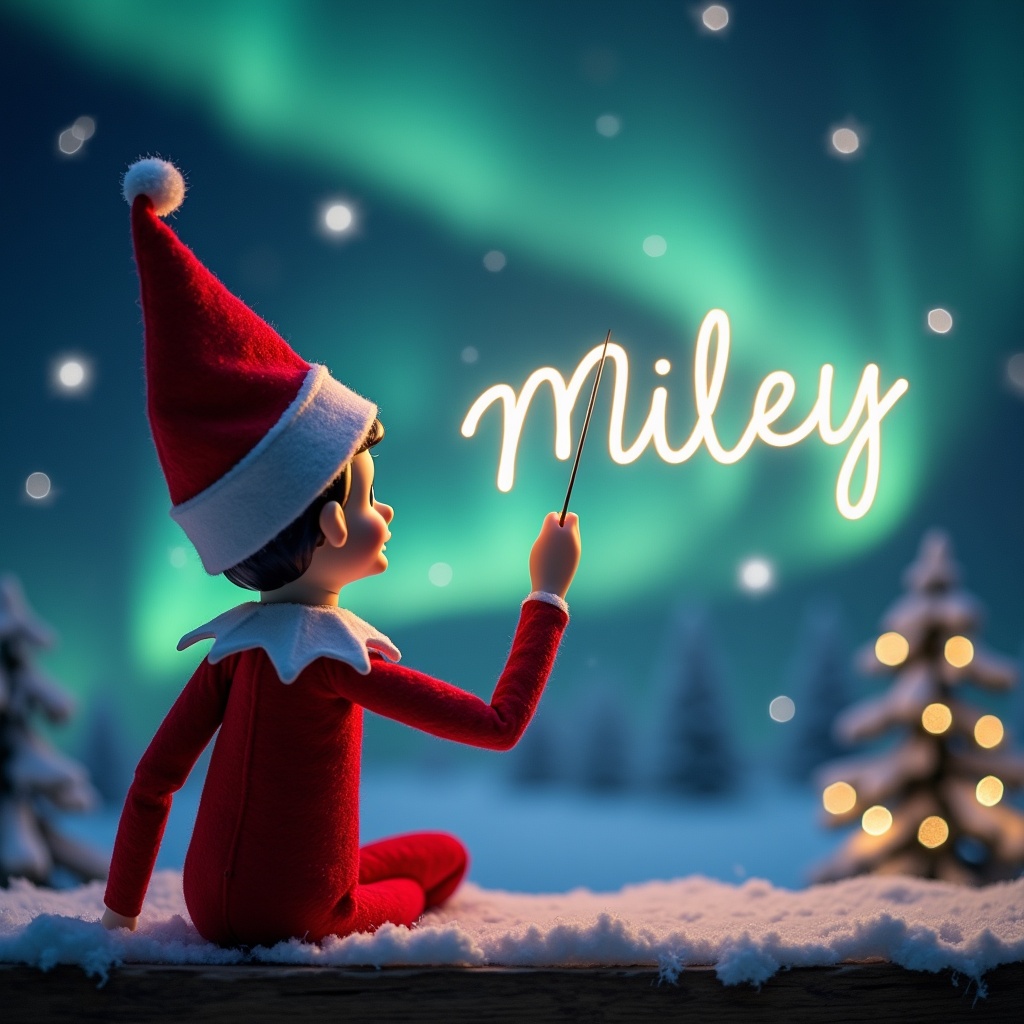 Elf on the shelf sits with back to the viewer, facing the sky, using a magic wand to write names in the air. Background features a magical Christmas scene with northern lights and Christmas trees.