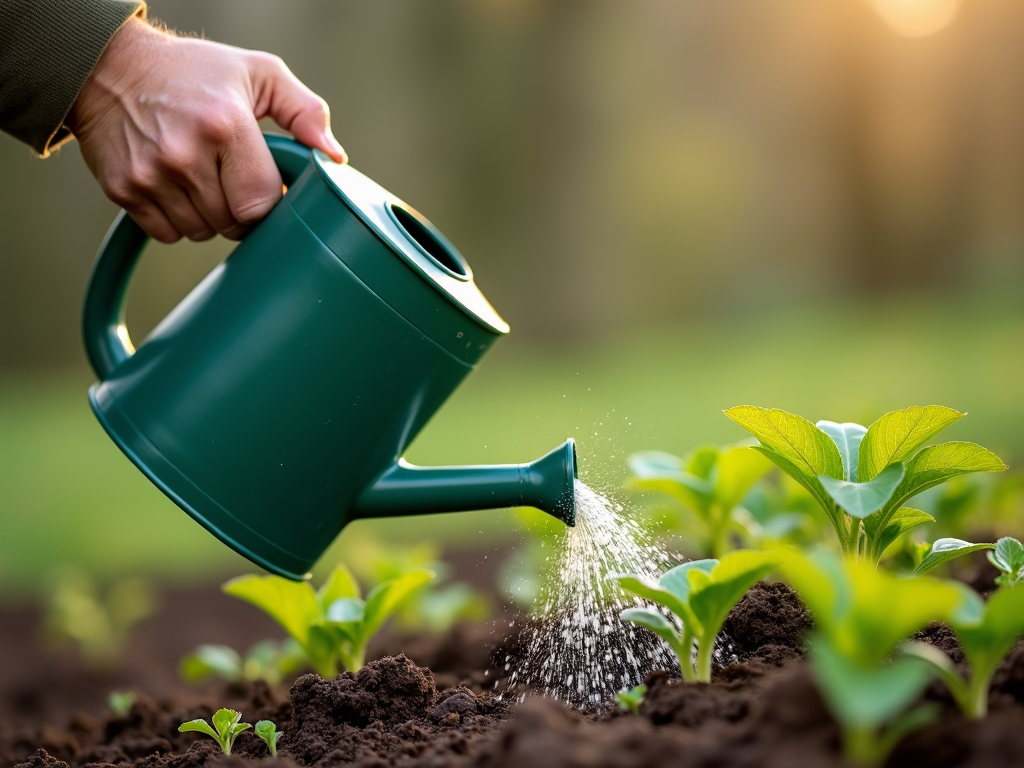 A hand waters young green seedlings with a green watering can in a garden as the sun sets in the background.