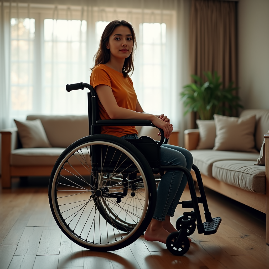 A woman in an orange shirt sits in a wheelchair in a cozy, sunlit living room.