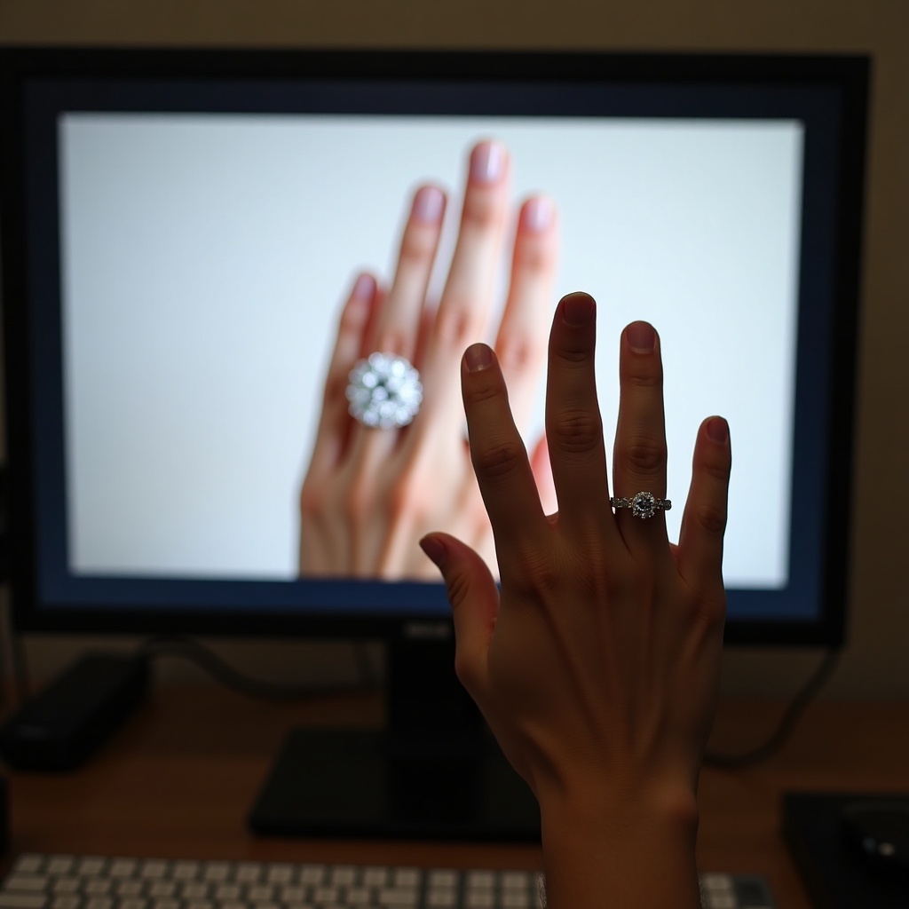 A hand without rings positioned in front of a computer screen showing a diamond ring. The hand has fingers spread slightly. The screen displays a detailed image of a sparkling diamond ring.