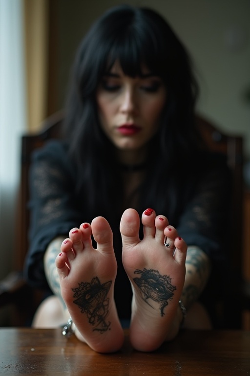 Image features mature goth woman with long black hair. She shows tattoos on soles of bare feet. She sits on chair with her feet on table. She appears worried.