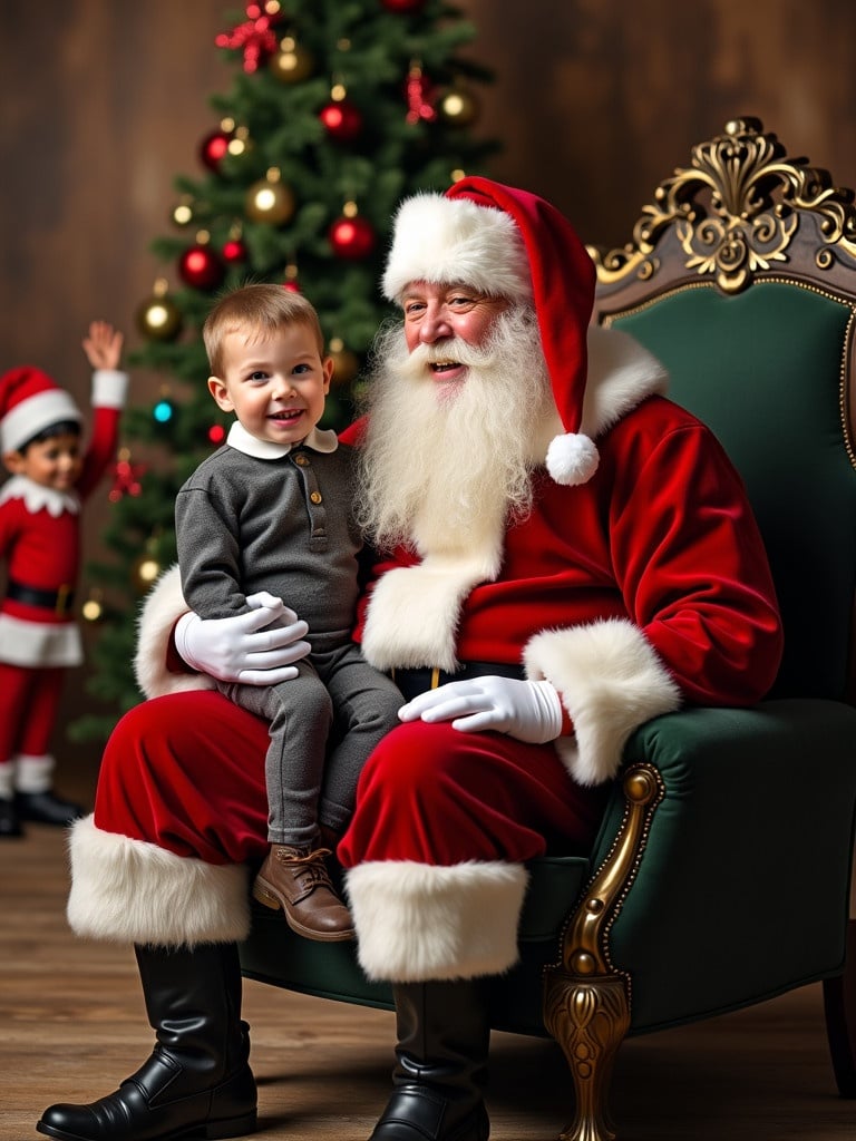 Boy sitting on Santa Claus lap. Festive Christmas setting. Decorated Christmas tree in the background. An elf in the scene.