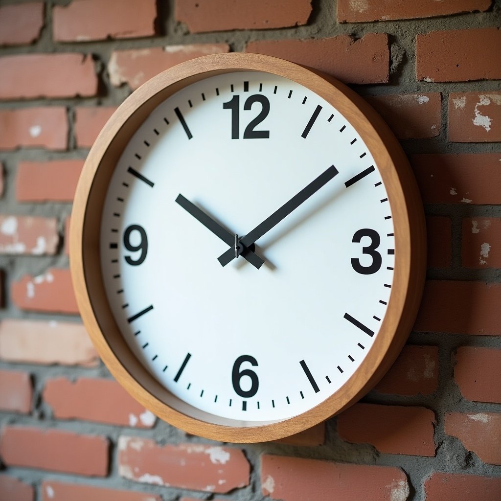 Modern wall clock with a wooden frame on a brick wall. Time shows 8 o'clock.