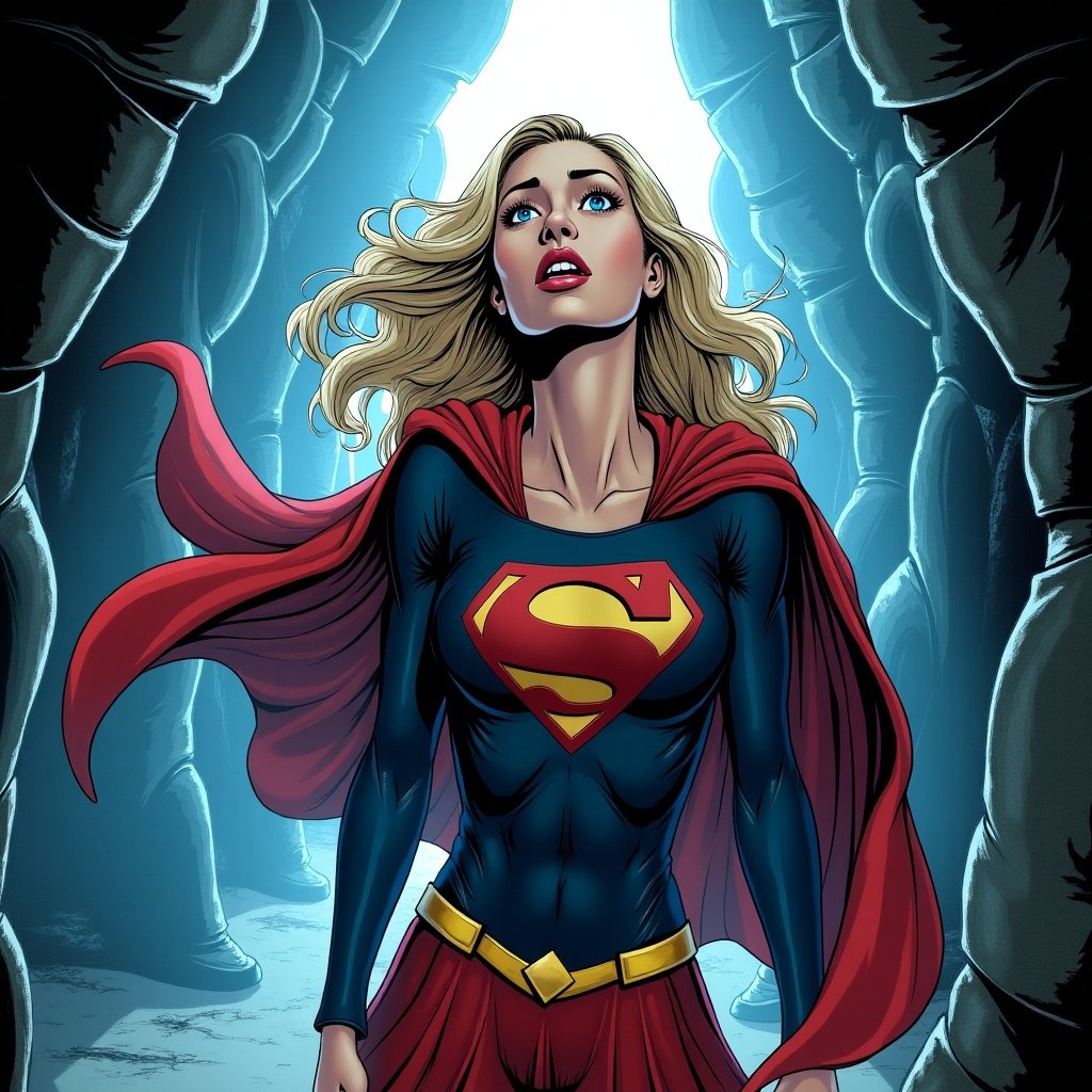 Supergirl in a dramatic pose showing reactions to being kidnapped by aliens. She displays a mix of shock, determination, and frustration in a comic-style illustration with vibrant colors and strong lighting.