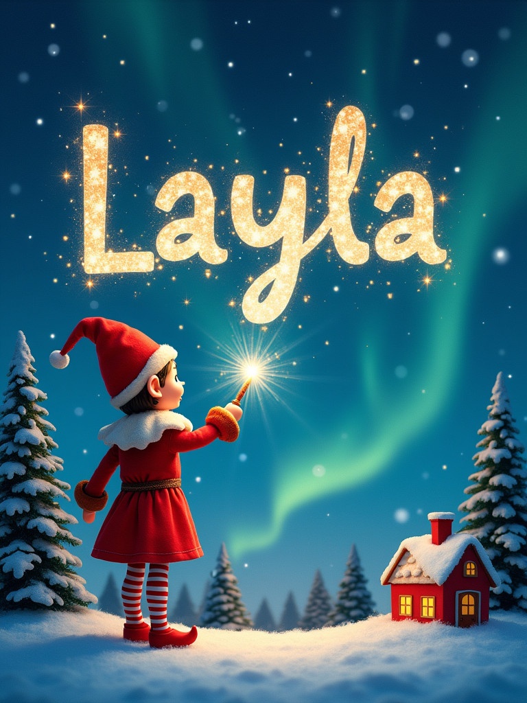 An elf uses a magical wand to write the name Layla in sparkling letters against a starry night sky. The elf gazes at the magical sky wearing a vibrant red outfit and pointed hat. It holds a glowing wand and writes in shimmering letters. Below, a charming landscape features little houses and evergreen trees, illuminated by enchanting Northern Lights. The elf creates an atmosphere rich in childhood magic and Christmas spirit.