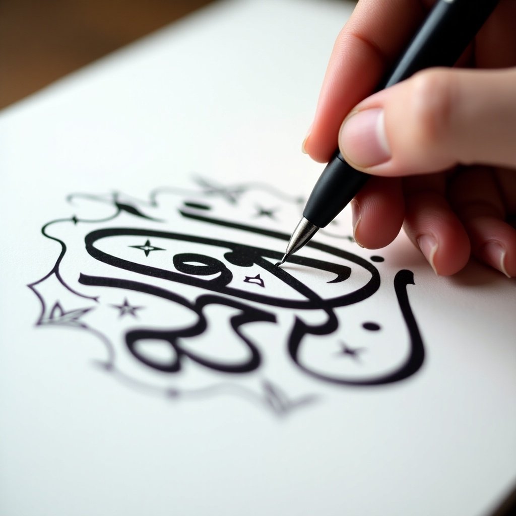 A close-up view of a hand using a pen to create Arabic calligraphy. The ink is bold and black on white paper. The hand is steady, focusing intently on the letters being formed. Surrounding designs enhance the main calligraphy. Soft lighting highlights the strokes beautifully. The calligraphy reads خسرو الأخباري.