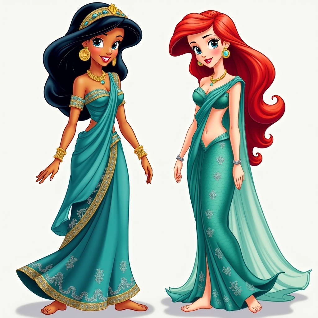 Two animated princesses in traditional Indian sarees. The characters are shown full body with intricate designs on their outfits. The setting is simple to focus on the clothing and characters.