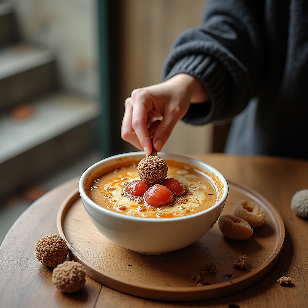 A person is carefully placing a textured chocolate ball into a bowl of creamy dessert.