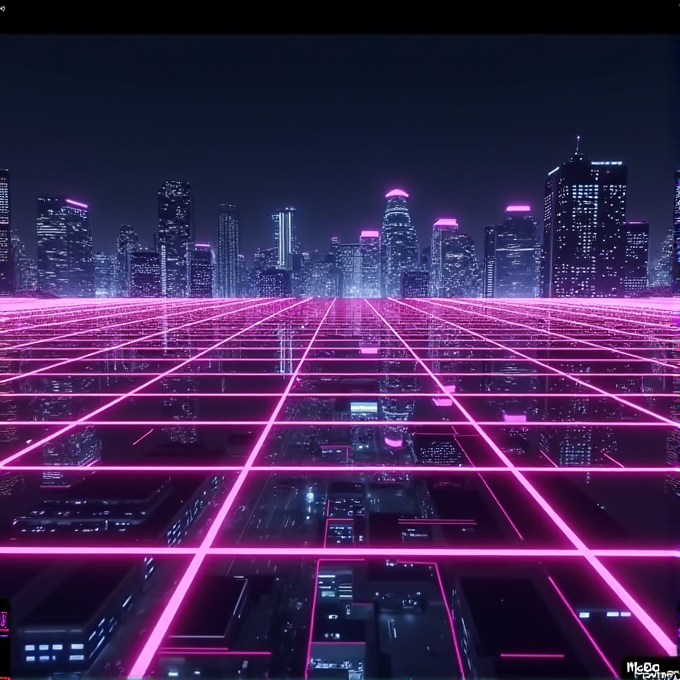 A futuristic city with tall buildings and glowing pink grid lines stretching across the sky.