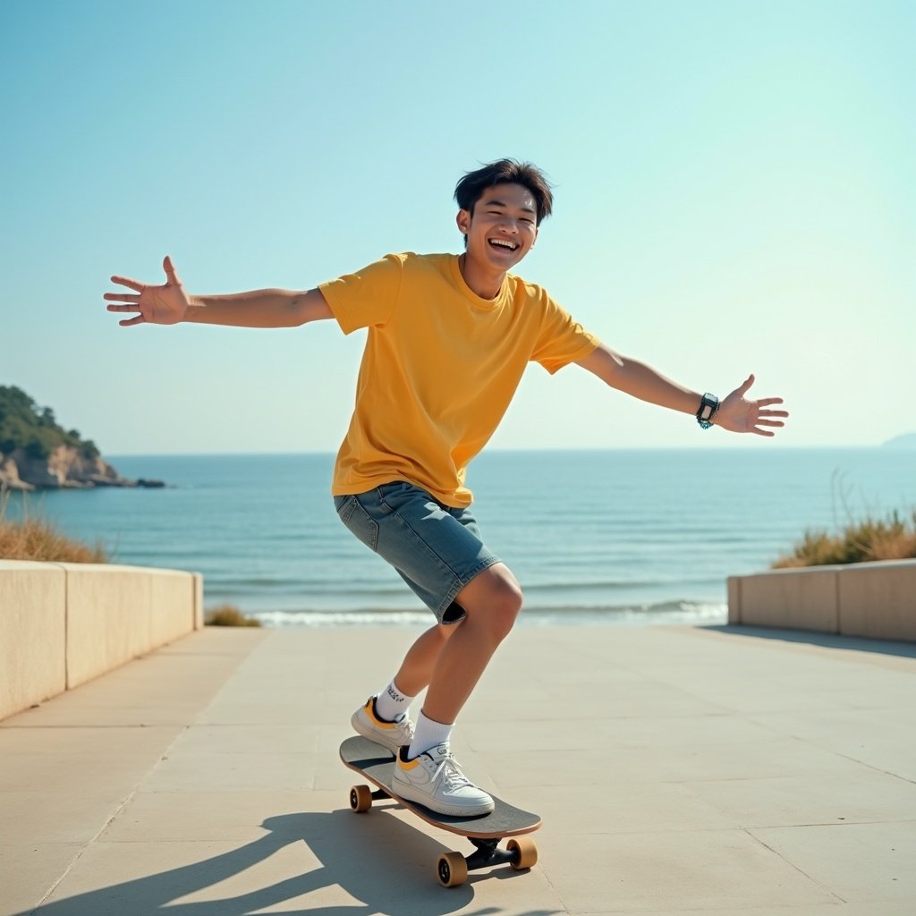 Image depicts a young man smiling while skateboarding on a sunny day. Background features the sea and clear skies. He wears casual summer attire and displays an energetic pose.