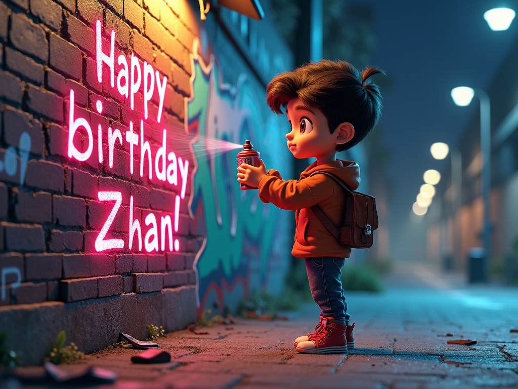 a cute child spray painting 'Happy Birthday Zhan!' on a brick wall in a stylized urban alleyway at night, with graffiti in the background and soft street lighting.