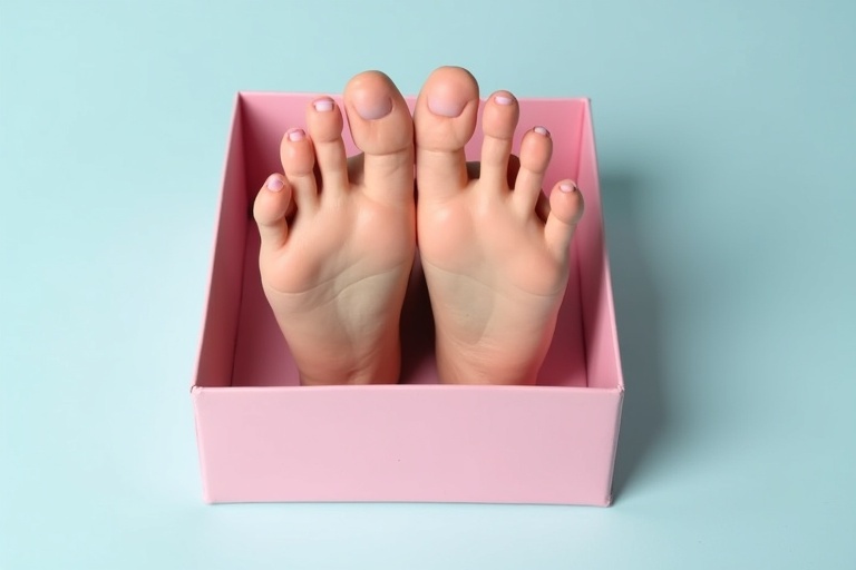 A pair of realistic female feet are placed inside a neat pink box. The feet are groomed and have painted toenails. The background has a soft pastel blue color.