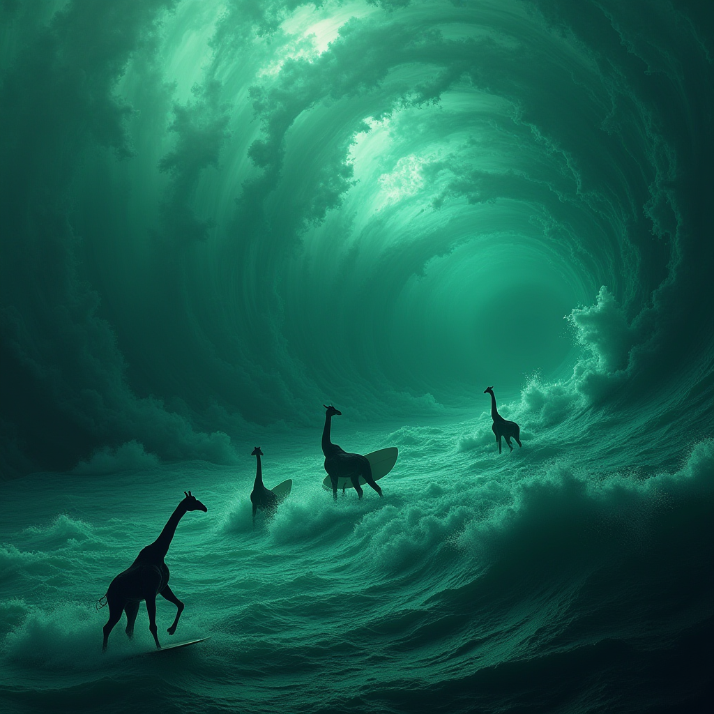 This surreal image features four giraffes surfing through a tumultuous ocean. The waves are massive and stormy, curling into a swirling vortex above. The scene is painted in shades of teal and green, creating a dream-like ambiance. Each giraffe appears to be skillfully navigating the waves with upright stances, and a couple of them have fins attached to their backs, emphasizing the fantasy theme of the artwork.