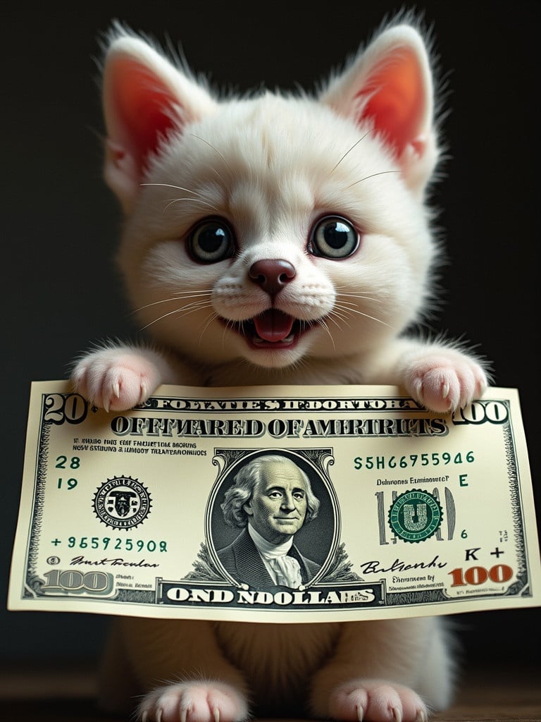 A young kitten holds a twenty-dollar bill in its paws. The cat looks playful and innocent. The setting is bright and cheerful, emphasizing the adorable nature of the kitten with money.