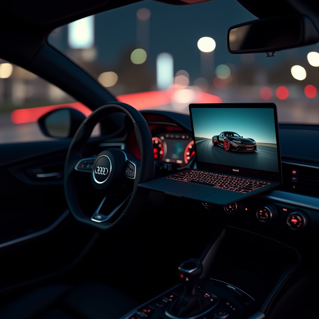 The image depicts the interior of a luxury car, identifiable by the logo on the steering wheel, bathed in ambient lighting. In the center of the scene, a laptop with a glowing keyboard is perched, displaying an image of a sleek, high-performance sports car. The dashboard features illuminated instruments, creating a futuristic and high-tech atmosphere. The background is slightly blurred, suggesting movement or night-time driving with bokeh effects from city lights outside the windows.