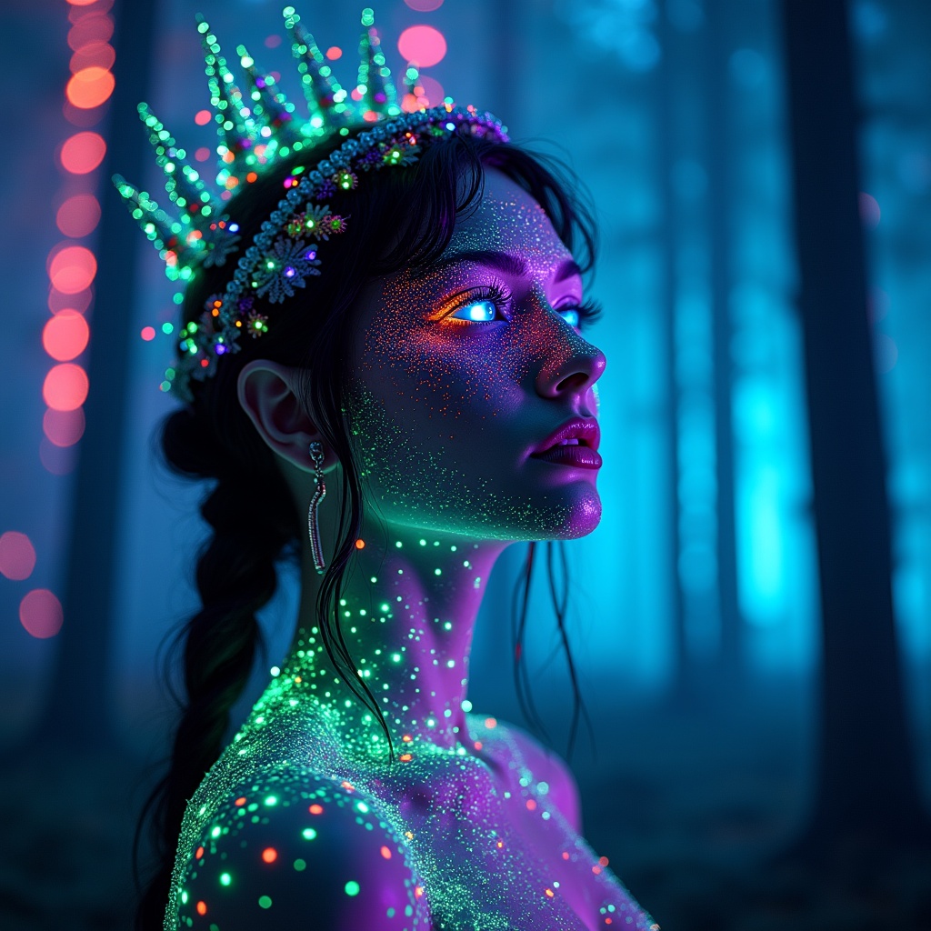 A mystical figure adorned with glowing neon lights in a vibrant forest setting.