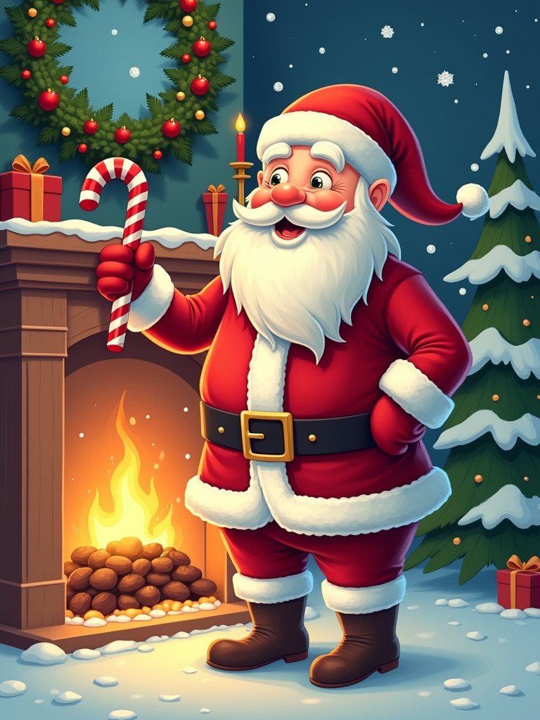 Illustration of a jolly Santa Claus standing beside a decorated fireplace. Santa holds a candy cane. Snowy background with a Christmas tree.