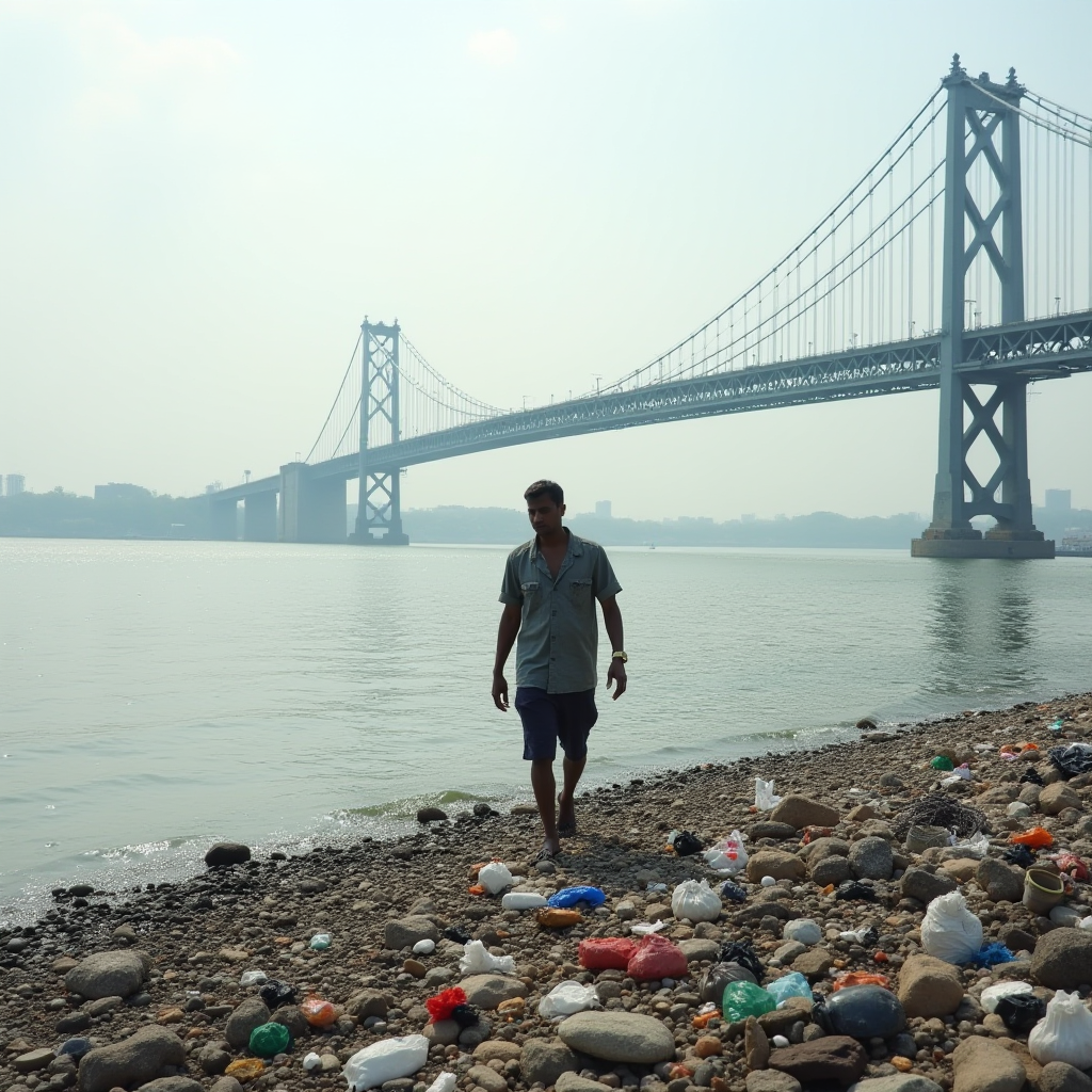 A person walks along a littered riverbank with a bridge in the background.