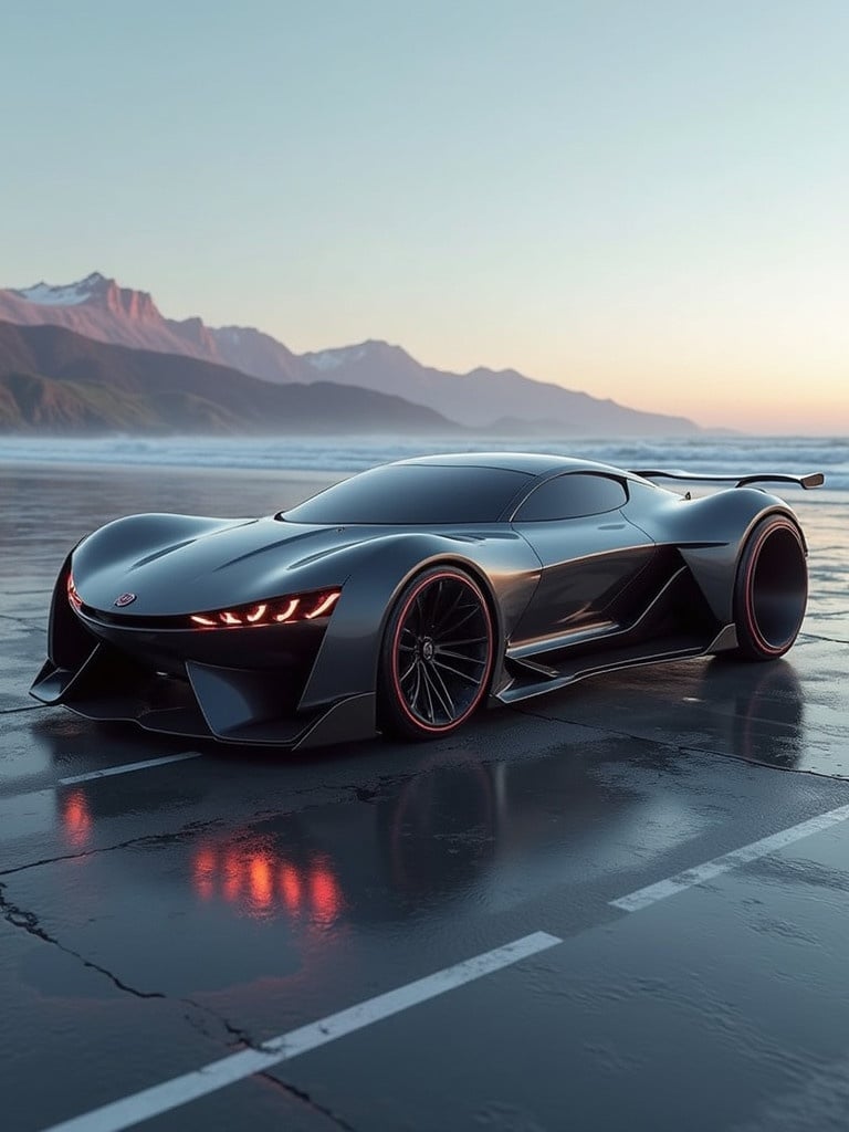 Futuristic car is on a beach at dawn. The car has a sleek design with an aggressive look. Scene features mountains in the background and wet sand reflecting the car.