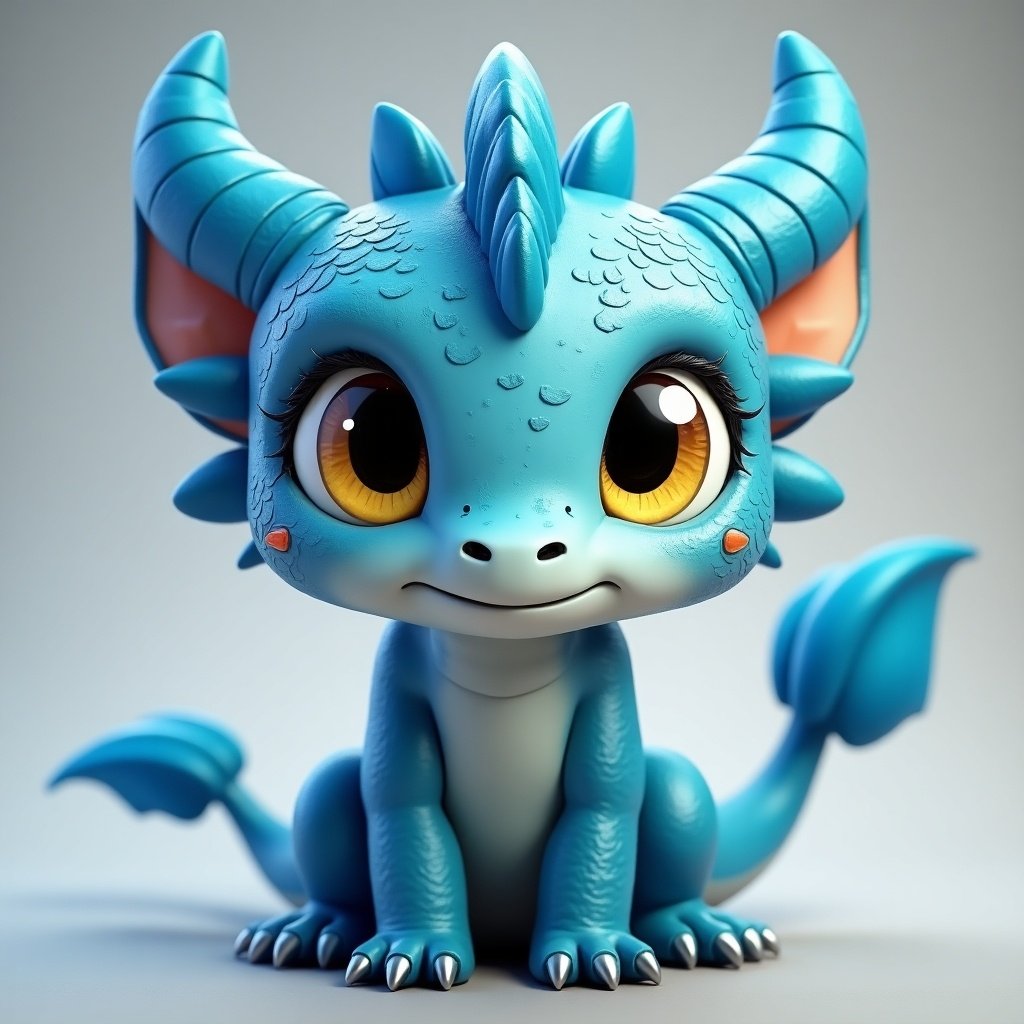 A friendly and cute creature with blue shimmering dragon scales on its cheeks and yellow eyes with slit pupils. The skin is fully cyan colored. The creature has cyan colored horns, blue colored hair, a tail on its lower back, a fin on its spine, and webbed hands. The character sits playfully with a cheerful expression.