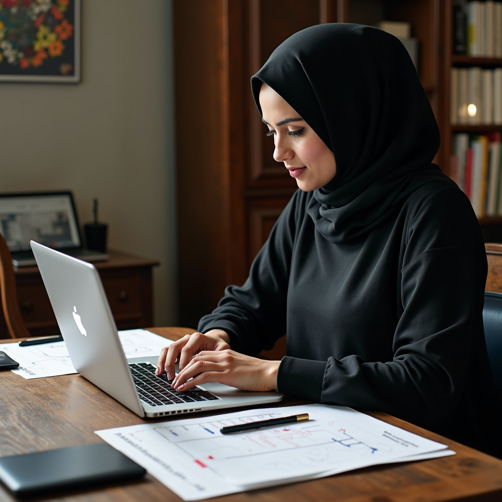 A woman in a black hijab is working on a laptop at a wooden desk with papers spread around.