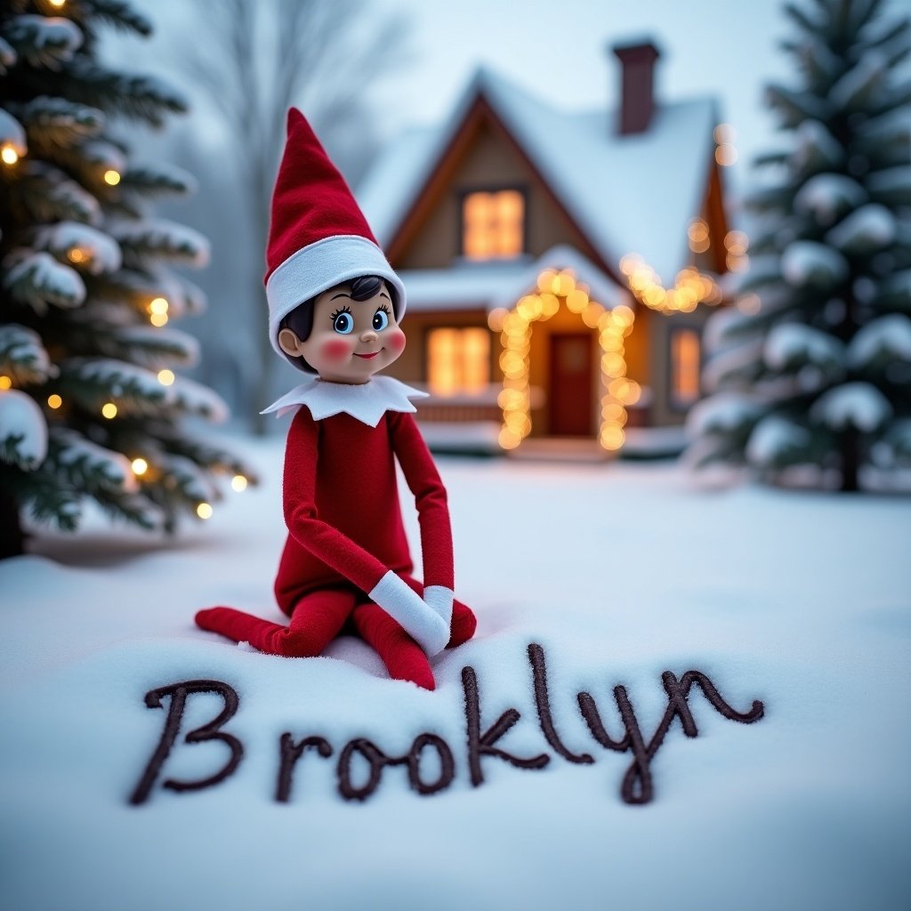 A festive Elf on the Shelf is outside in a snow-covered landscape. The elf, dressed in cheerful red and white, has a big smile. It is writing the name 'Brooklyn' in the soft white snow. Behind the elf, there's a charming house adorned with warm, glowing lights. Snowy Christmas trees surround the scene, enhancing the holiday spirit. The atmosphere is joyful and evokes warmth, making it perfect for the festive season.