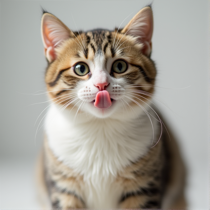 A tabby cat with striking eyes and a pink tongue sticks out, showing a lighthearted expression.