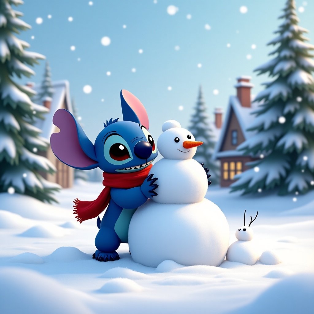 Stitch is making a snowman in a winter setting. Snow covers the ground and pine trees surround. Stitch wears a red scarf and is smiling as he shapes the snowman.