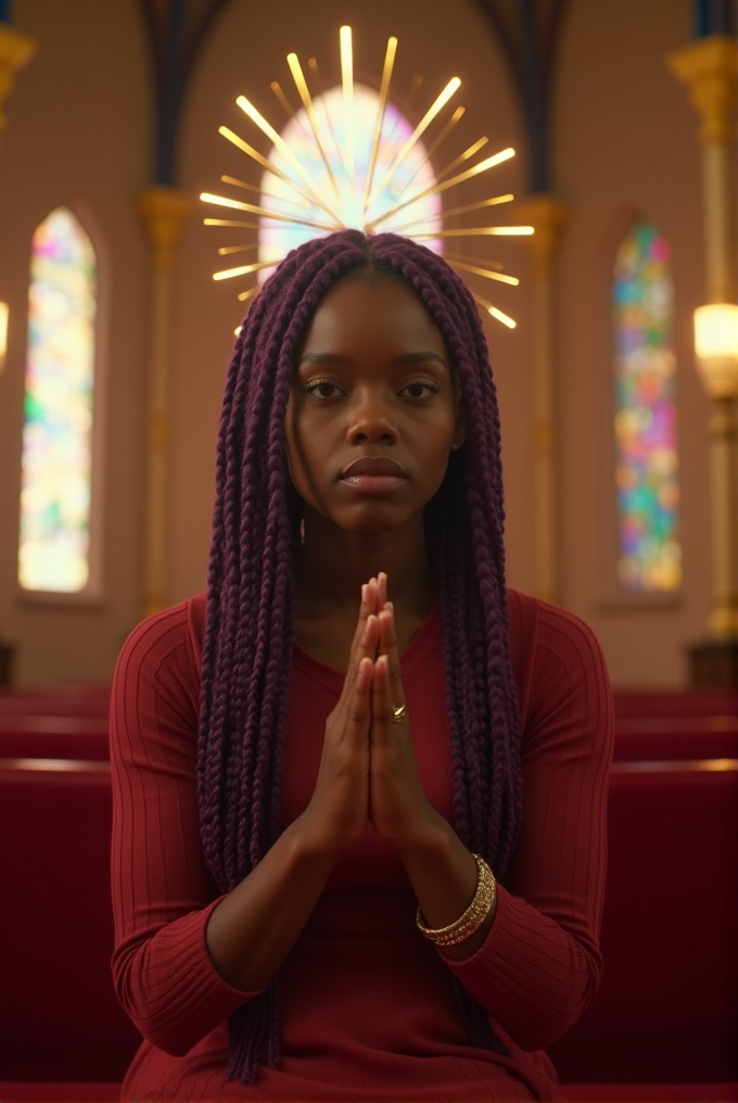 A woman with purple braided hair is sitting in a church, hands pressed together, with light forming a halo-like effect behind her.