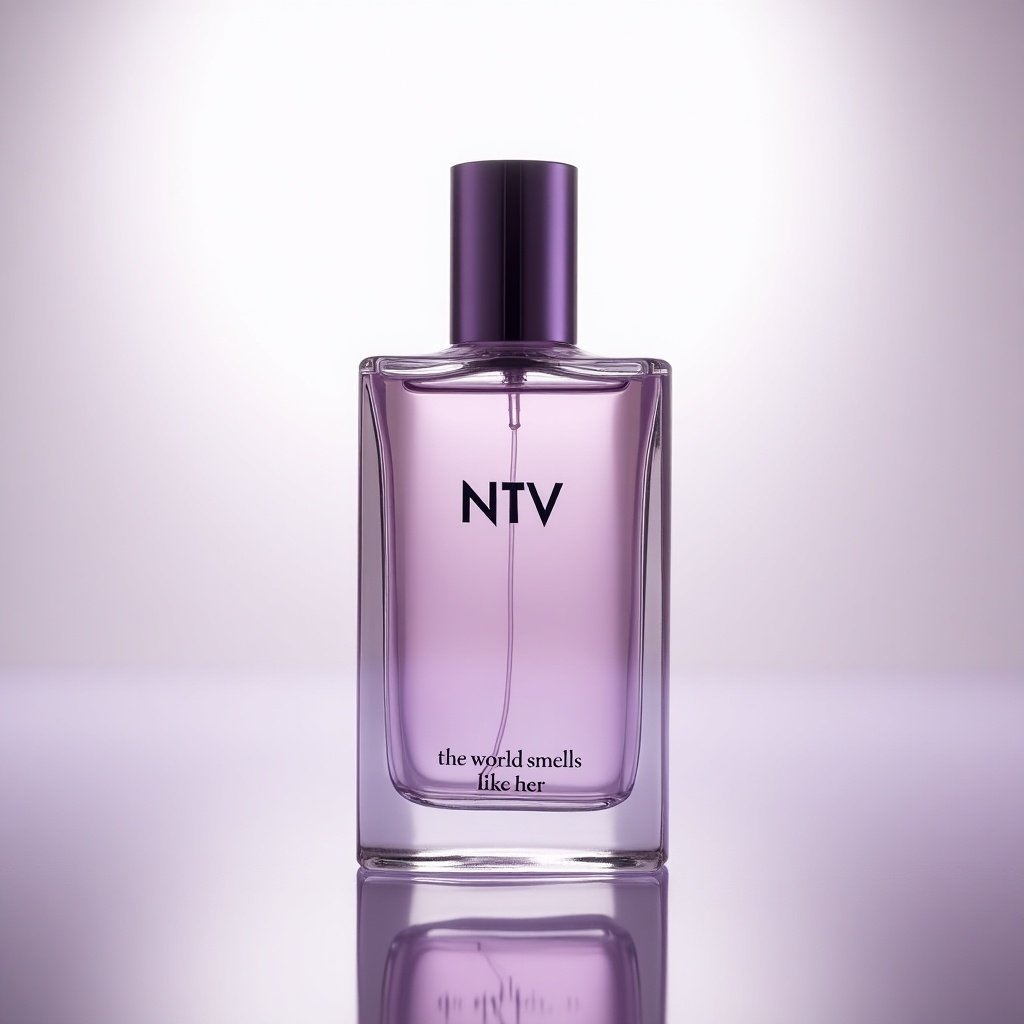 A photo of a lavender elegant perfume bottle with a minimalist light background. The label reads: top NTV, middle the world smells like her, bottom SZN25.