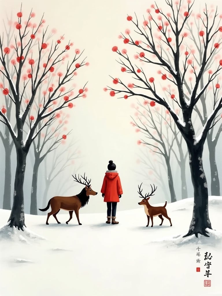 Chinese ink painting depicts a person viewing deer in snowy landscape. Snow-covered trees have red berries. The scene has a Christmas theme. Chinese characters appear in the image.