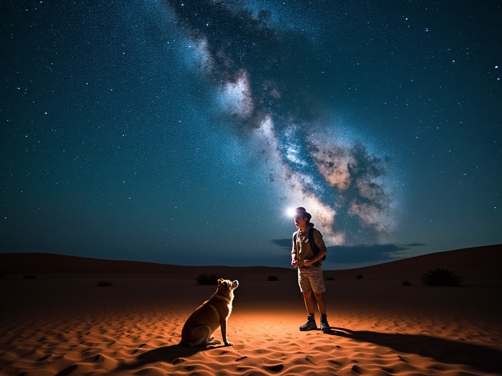 A person standing with a dog in a desert under a starry night sky with a prominent view of the Milky Way, the person wearing a headlamp illuminating the sand around them, creating a contrast between the dark sky and the bright sand.