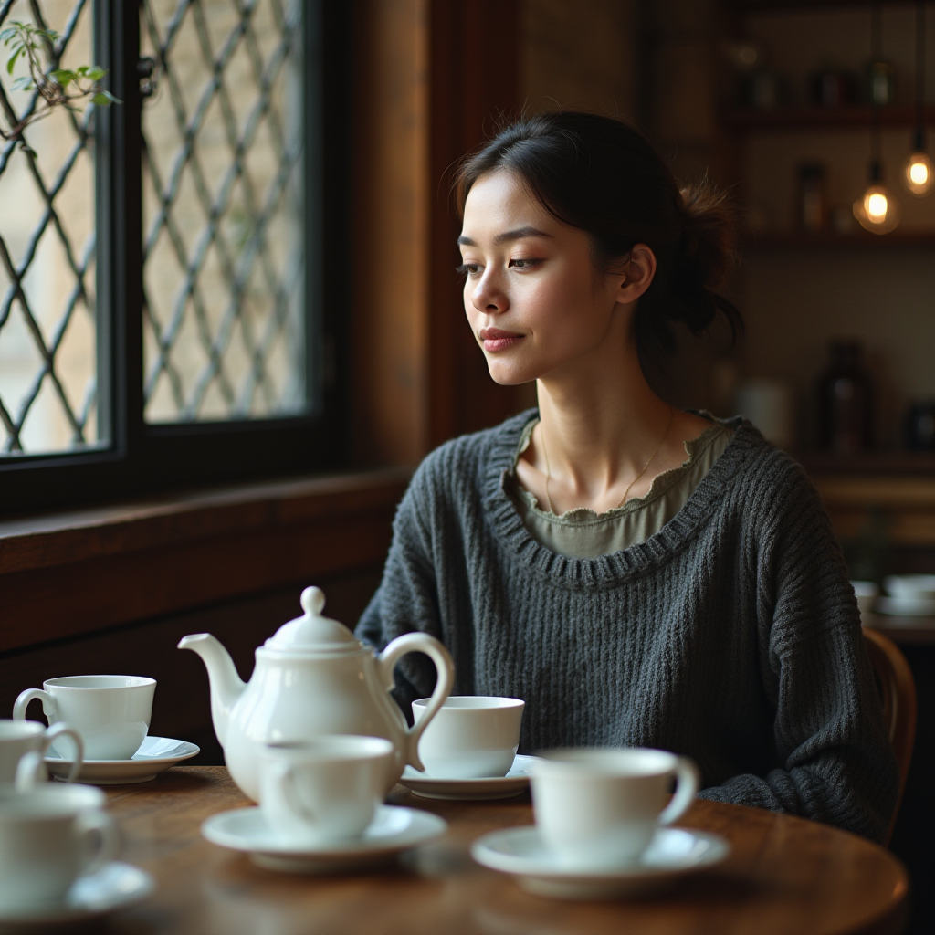 A woman sitting by a window, enjoying a peaceful moment with tea.