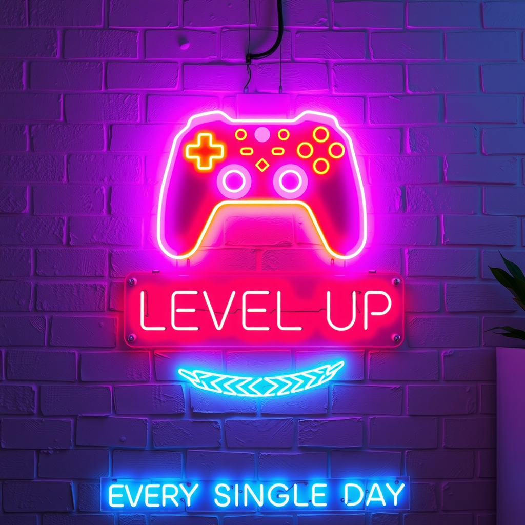 The image shows a vivid neon sign mounted on a white brick wall. At the top, a bright pink neon outline of a game controller is prominently displayed, with yellow detailing indicating buttons and controls. Below the controller, a red neon sign reads "LEVEL UP." Underneath this, a motif of glowing blue neon laurel leaves adds a decorative touch. At the bottom, the words "EVERY SINGLE DAY" are illuminated in a striking blue neon, providing motivational encouragement. The overall effect is colorful and vibrant, aimed at gamers or enthusiasts, suggesting a theme of constant improvement or progress in gaming.