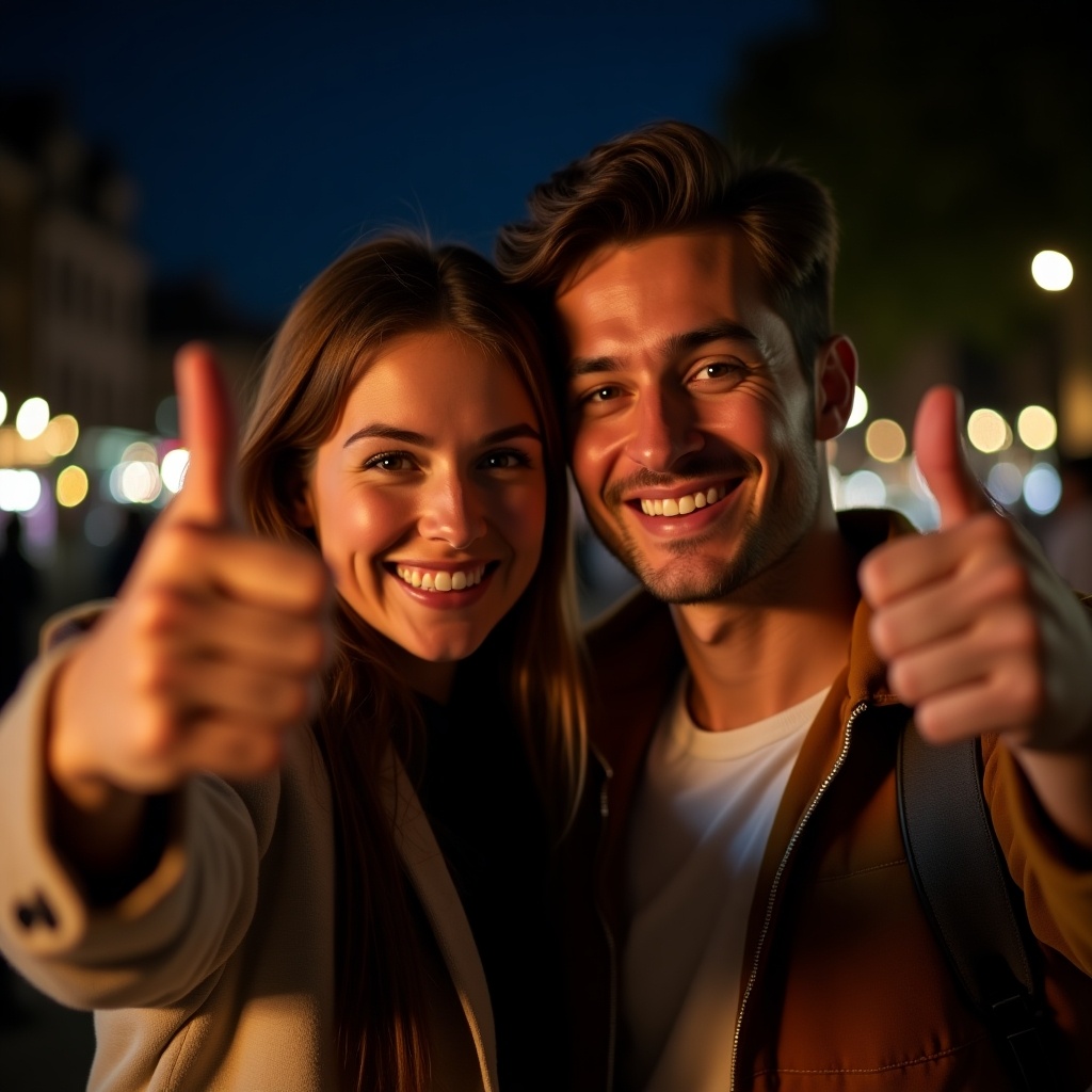 Young couple makes thumbs-up gesture at night selfie. They smile widely. Colorful city lights create background. Focus on their happy expressions.