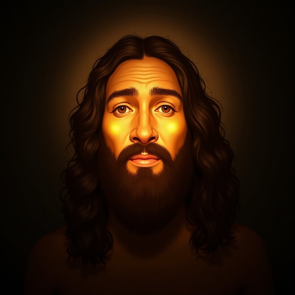 Artwork depicting a glowing face representing Jesus. Focus on a warm and divine atmosphere.