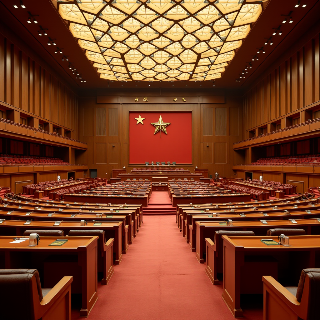 An expansive, formal assembly hall with rows of wooden desks, a red carpet, and prominent star symbols on a central wall.