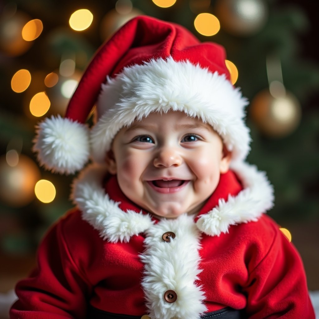 A cheerful baby boy dressed in a red Santa costume with fluffy white trim. Background features softly glowing Christmas lights. Baby smiles joyfully, radiating happiness.