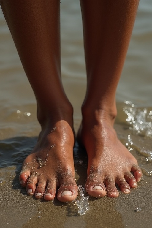 Close-up of bare feet in shallow water. Light shining on the skin. Smooth and clean toes. Gentle waves washing over the feet. Casual beach setting. Feet look relaxed and fresh.