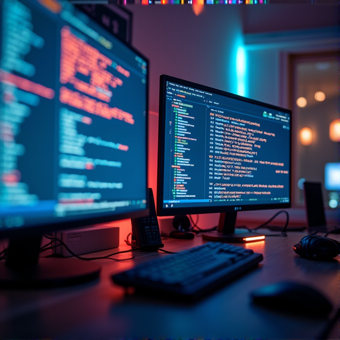 A dark desk setup with two monitors displaying code, illuminated by colorful neon lights.