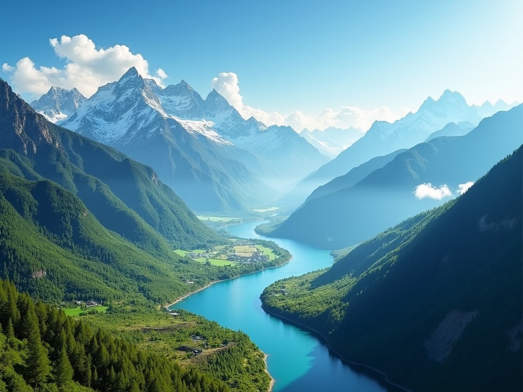 This image showcases a breathtaking mountain landscape, captured in an extreme wideshot format. A winding river flows gracefully through the lush green valley, surrounded by towering snow-capped peaks. The sky is clear with soft clouds, enhancing the serene aesthetic of nature. The vibrant greens of the trees contrast beautifully with the deep blues of the water. This scene serves as an invitation to explore the natural beauty of remote wilderness areas.