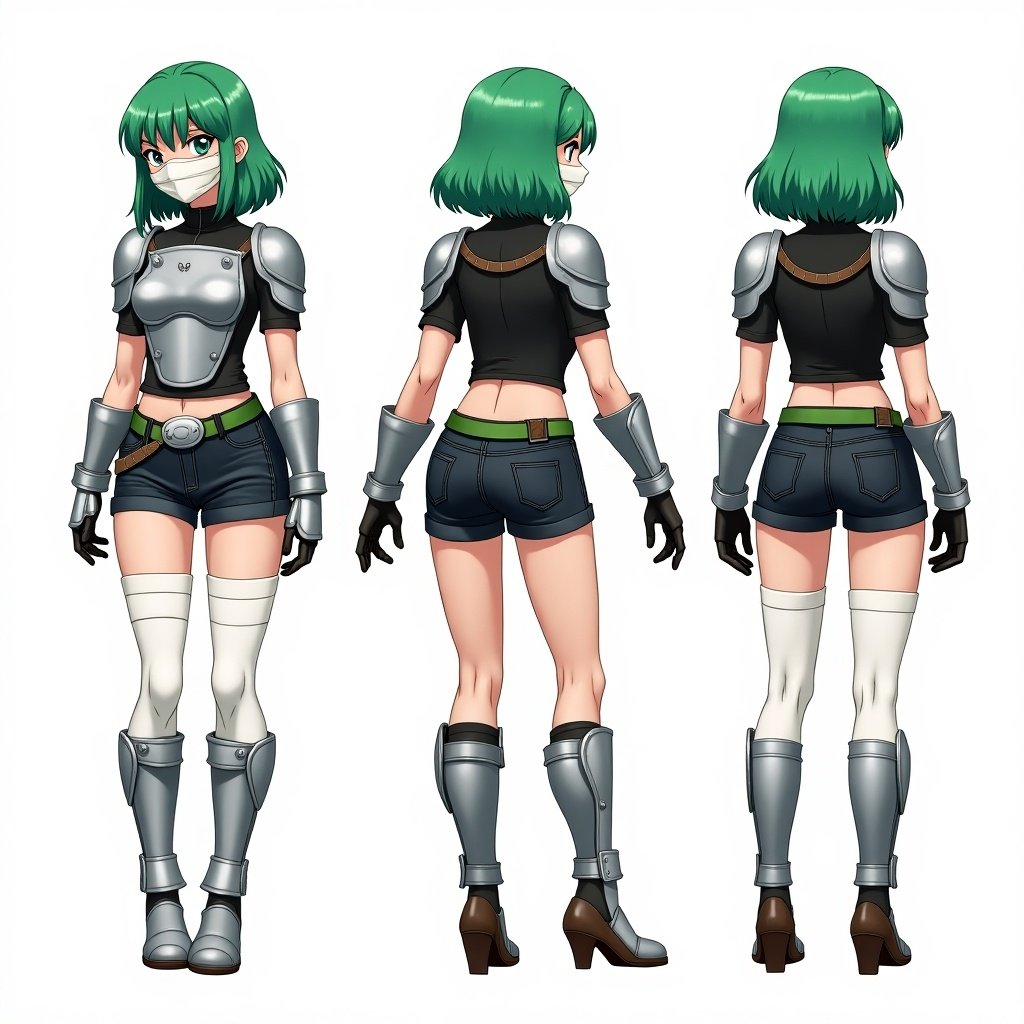 Anime mercenary tomboy with green hair. Bangs styled as curtain. White bandaged face mask worn. Metal silver shoulder pads and chestplate. Black shirt underneath. Black short jeans with green belt and large silver buckle. Wears metal gauntlets, shin pads, and knee pads. White tights cover entire legs. Presented in front, side, and back views.