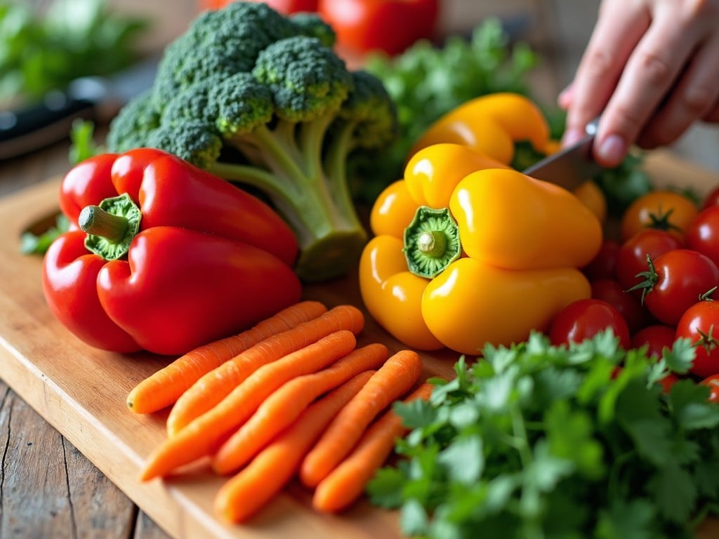 The image showcases a vibrant selection of fresh vegetables arranged neatly on a wooden cutting board. There are red bell peppers, yellow bell peppers, bright orange carrots, a head of broccoli, and fresh herbs, particularly cilantro. A hand is seen skillfully slicing the yellow bell pepper, indicating the preparation of a healthy dish. The colors are vivid and appealing, highlighting the freshness of the produce. The setting reflects a cozy kitchen atmosphere, ideal for preparing nutritious meals.