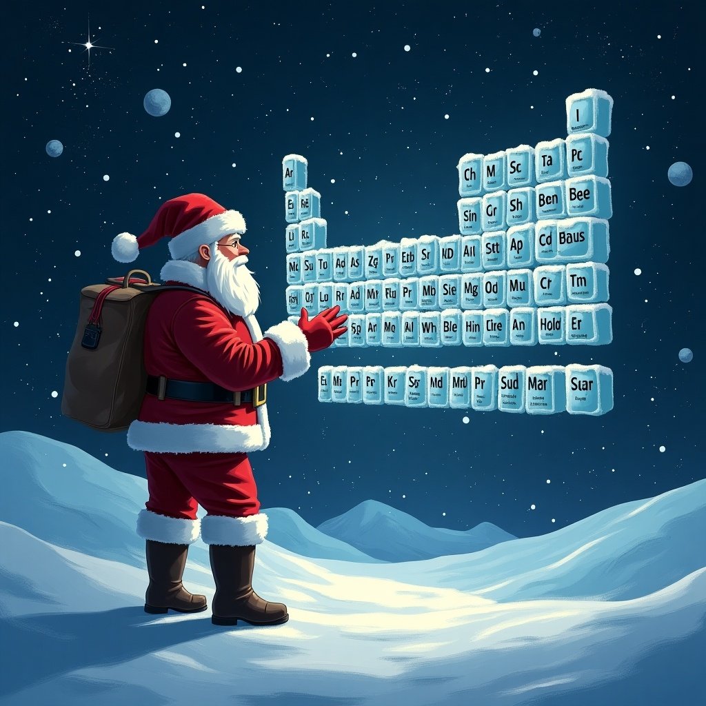 Santa stands in outer space. He looks at a large periodic chart. The name Wesley is written in the snow. Snowy landscape surrounds him. Stars twinkle in the night sky.