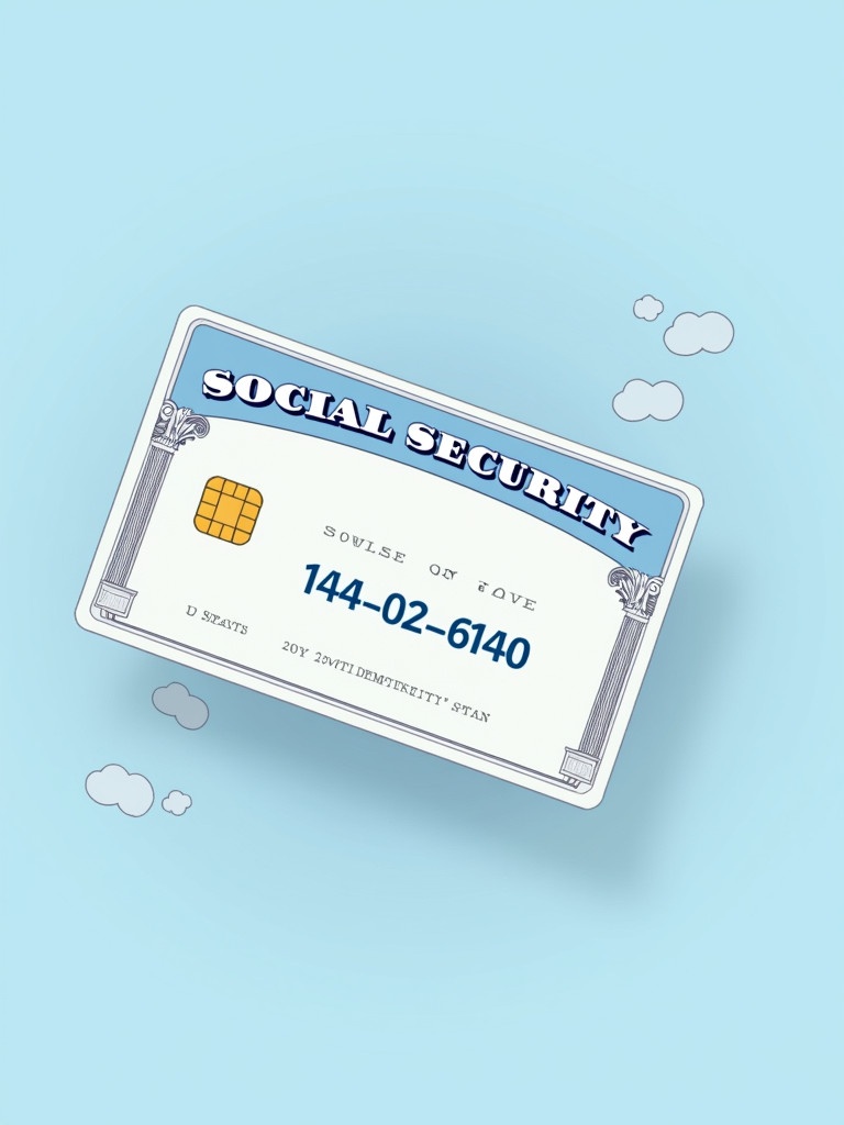 Depiction of a generic social security card. Prominent text 'SOCIAL SECURITY' displayed at the top. Key numbers '144-02-6140'. Graphic chip shown for modern identification. Decorative elements indicating official nature. Soft blue background. Clean design emphasizing importance of social security identification.