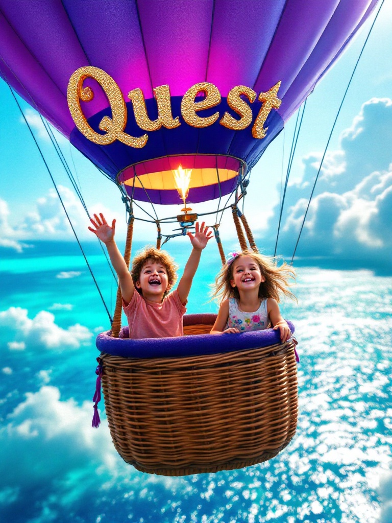 Beautiful hot air balloon floats over turquoise waters. Balloons in purple color with gold letters. Family adventure with children waving in joy. Clear blue sky and fluffy clouds in background. Sunlight creates sparkling effect on the sea.