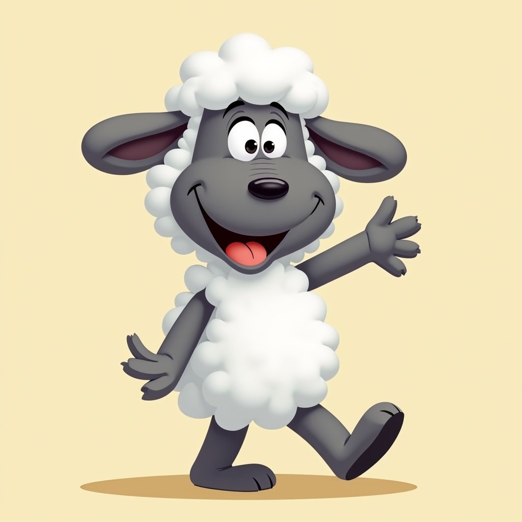 Cartoon sheep dog character. Grey fur with fluffy white body. Playful expression and waving hand. Simple background.