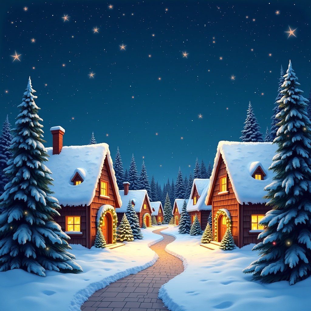 Charming Christmas village under a starry night sky. Snow covers cozy houses with colorful lights. Joyful atmosphere promotes community and celebration. Evergreen trees line the pathway. Captures the essence of the holiday season.