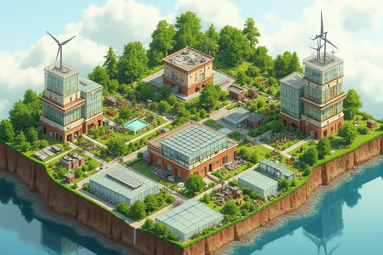 Isometric illustration showcases sustainable city. Integrated with nature. Features vertical farms wind turbines solar panels. Displays circular food system livestock greenhouses. Includes natural water filtration systems diverse housing styles. Watercolor style renders scene. Walls covered in lush vegetation indicating focus on sustainability.